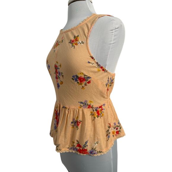 American Eagle NWT Womens M Cottagecore Linen Blnd Peach Floral Crop Peplum Top - Picture 1 of 11